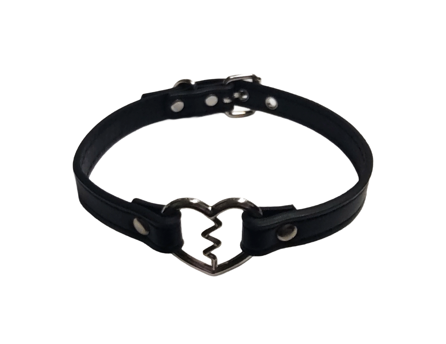 Black faux leather collar with heartbreak heart ring top view