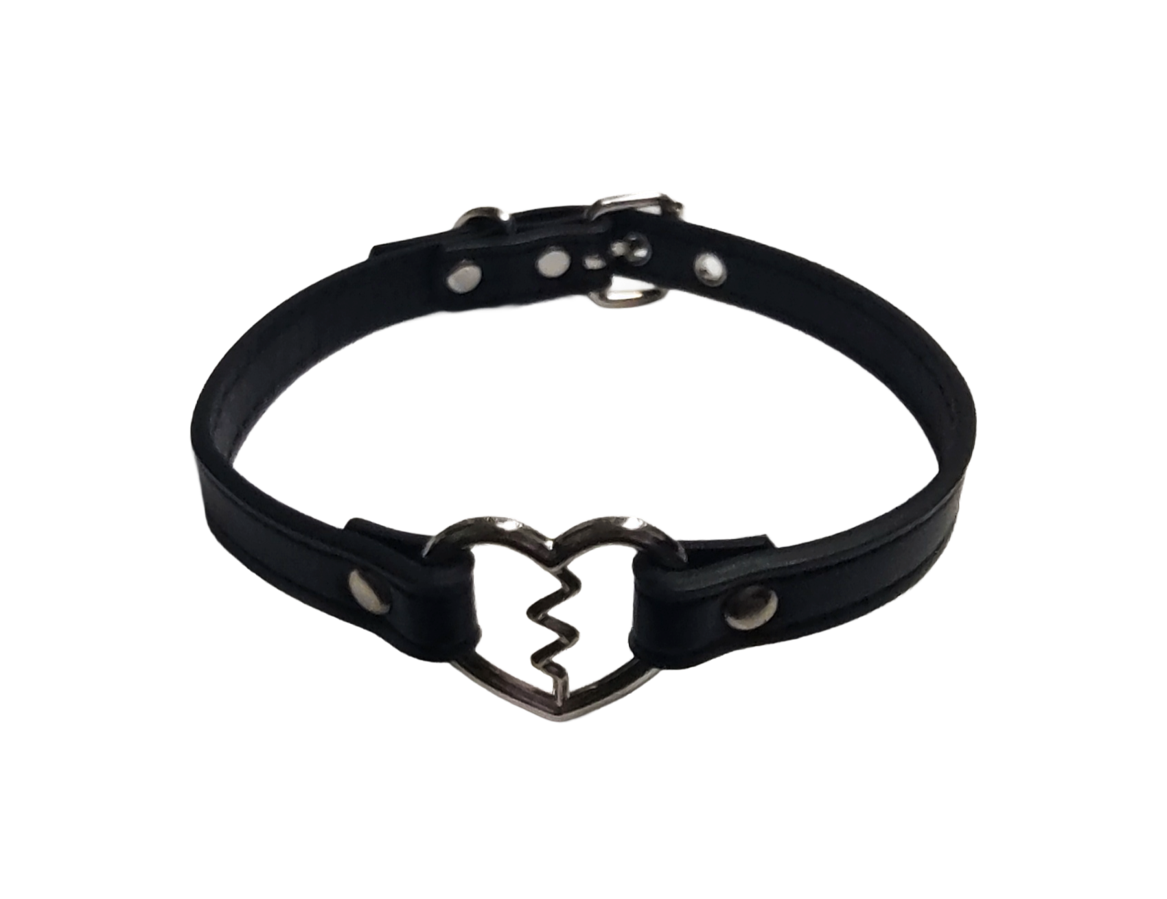 Black faux leather collar with heartbreak heart ring top view