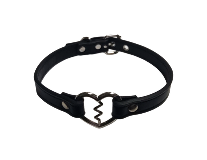 Black faux leather collar with heartbreak heart ring top view