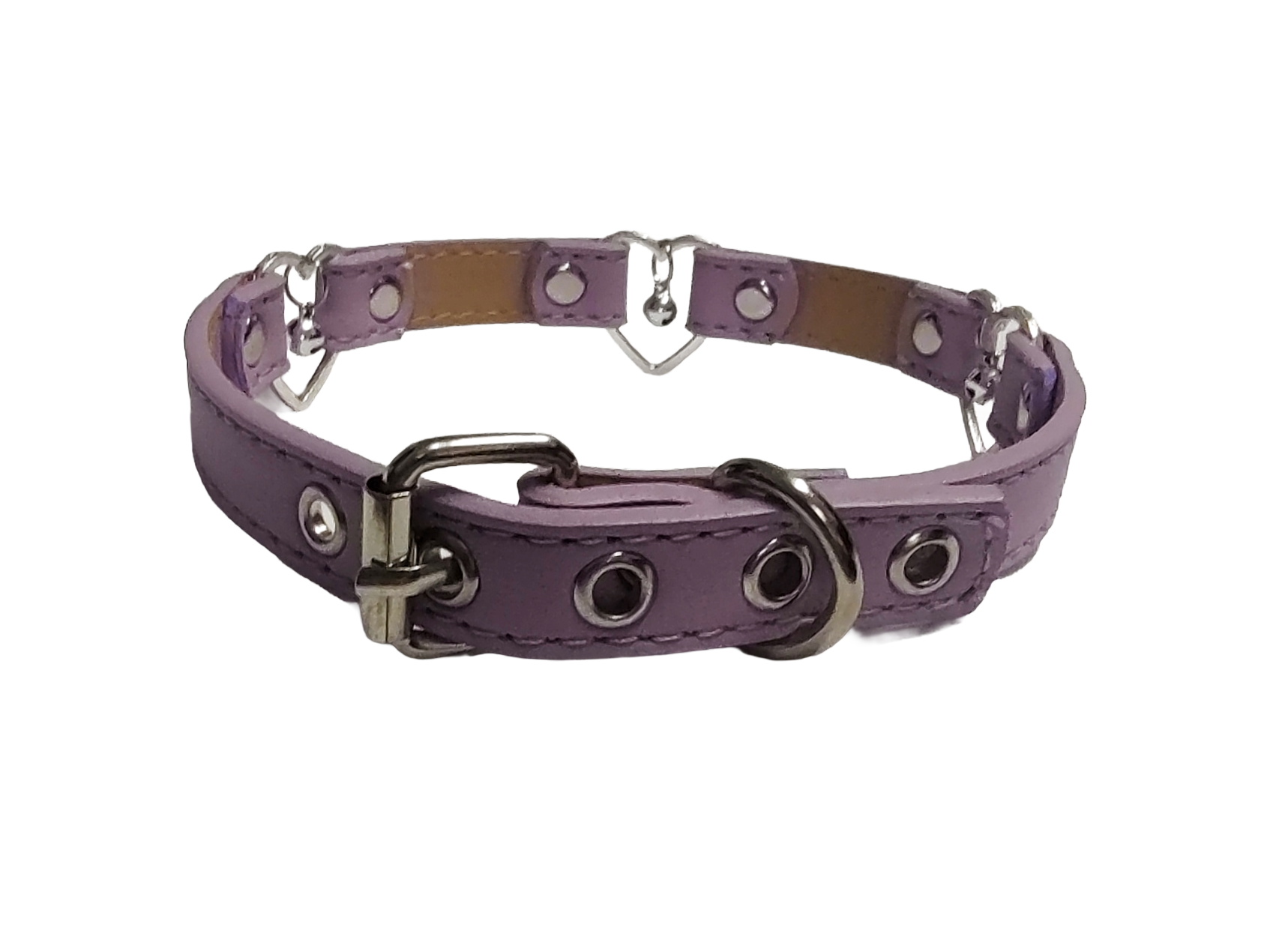 Pastel purple faux leather 3 heart ring collar with bells back view