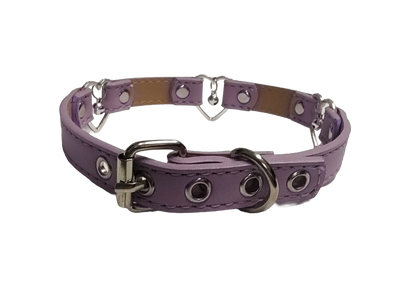 Pastel purple faux leather 3 heart ring collar with bells back view
