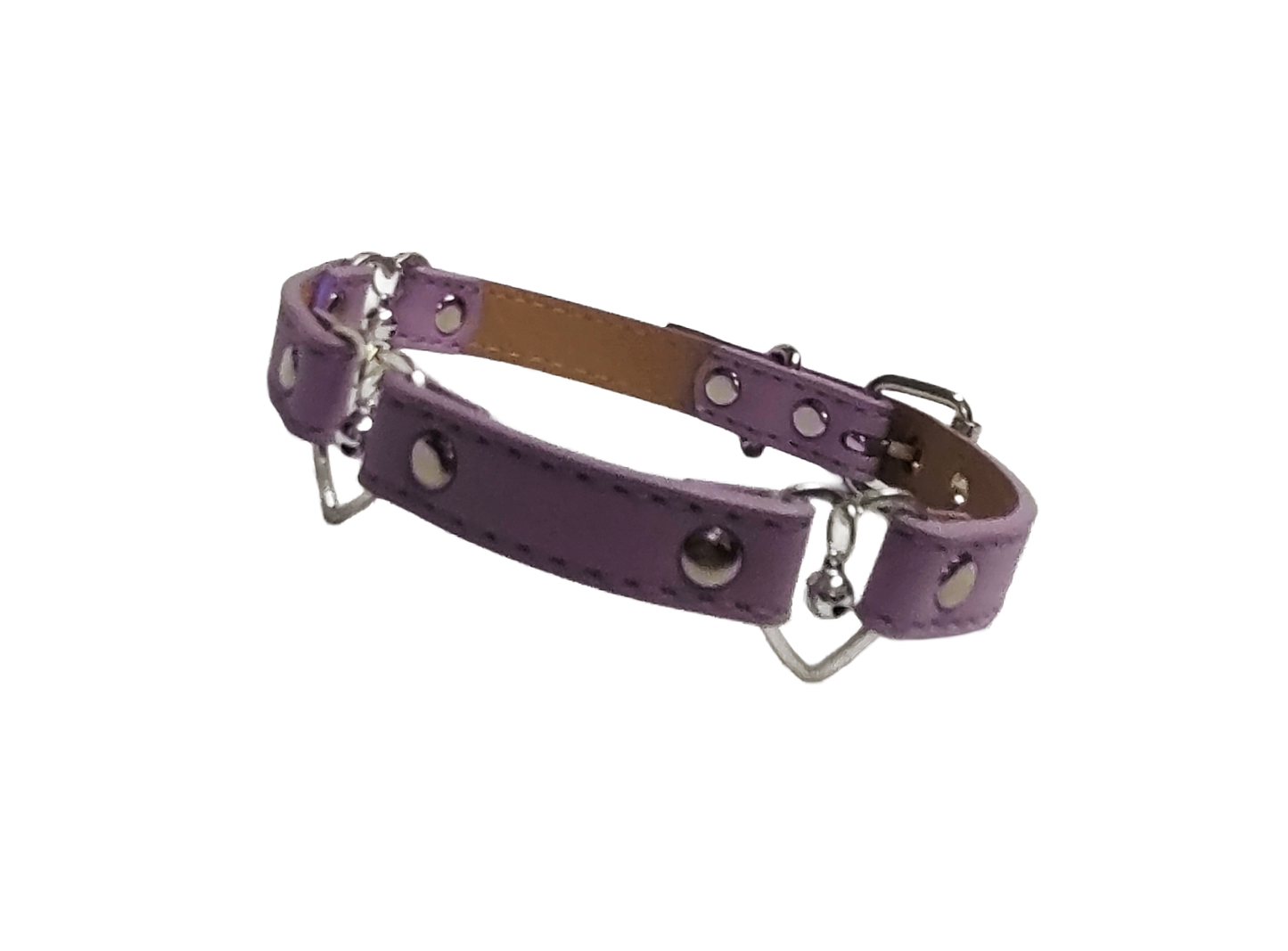 Pastel purple faux leather 3 heart ring collar with bells side view