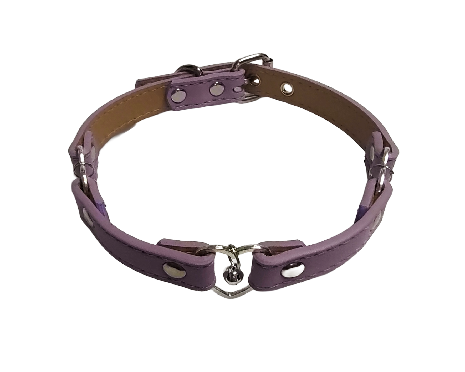 Pastel purple faux leather 3 heart ring collar with bells top view