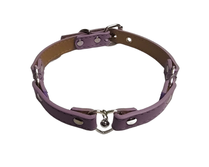 Pastel purple faux leather 3 heart ring collar with bells top view