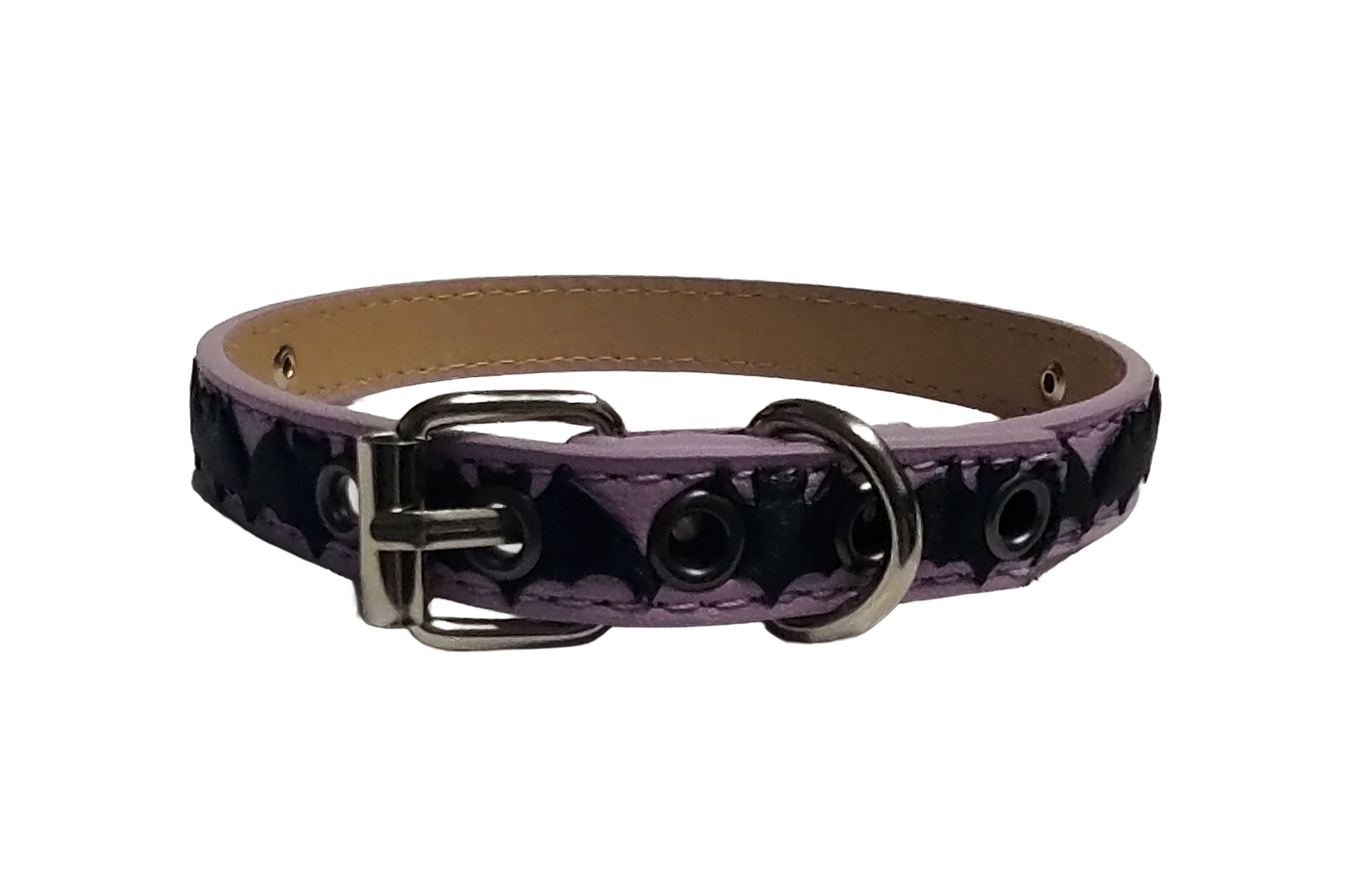 Light purple faux leather choker collar with center bat ribbon back view