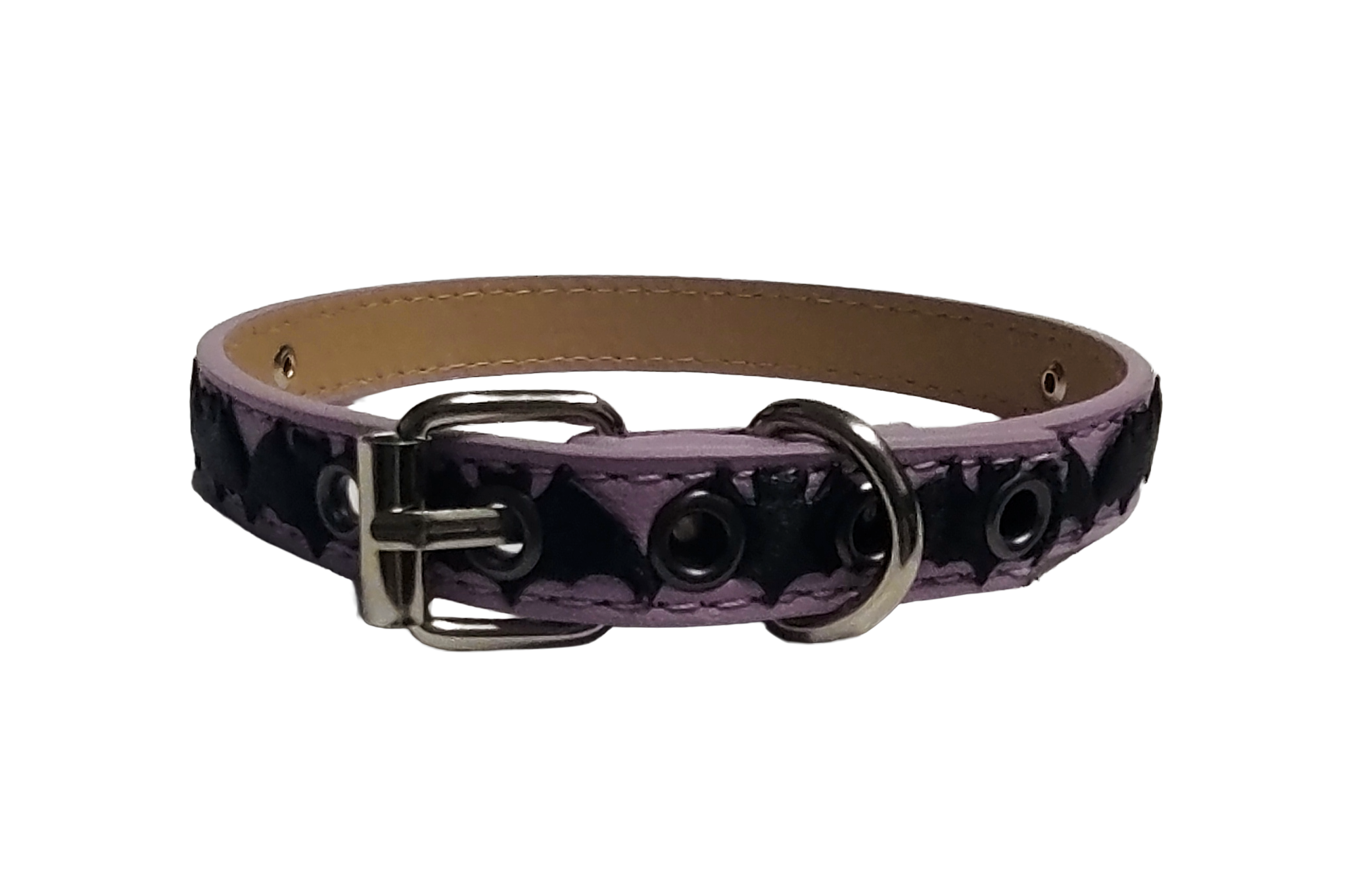 Light purple faux leather choker collar with center bat ribbon back view