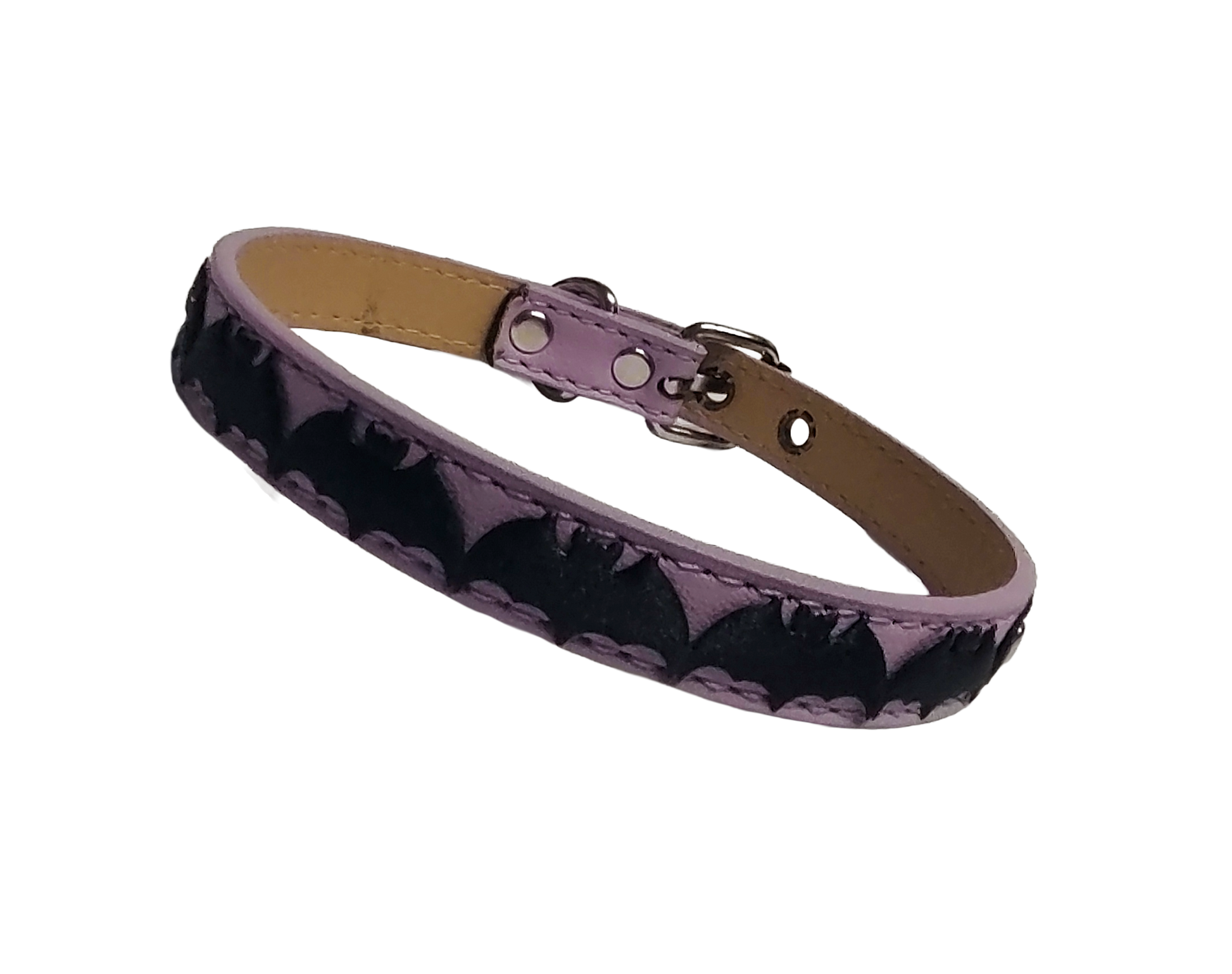 Light purple faux leather choker collar with center bat ribbon front view