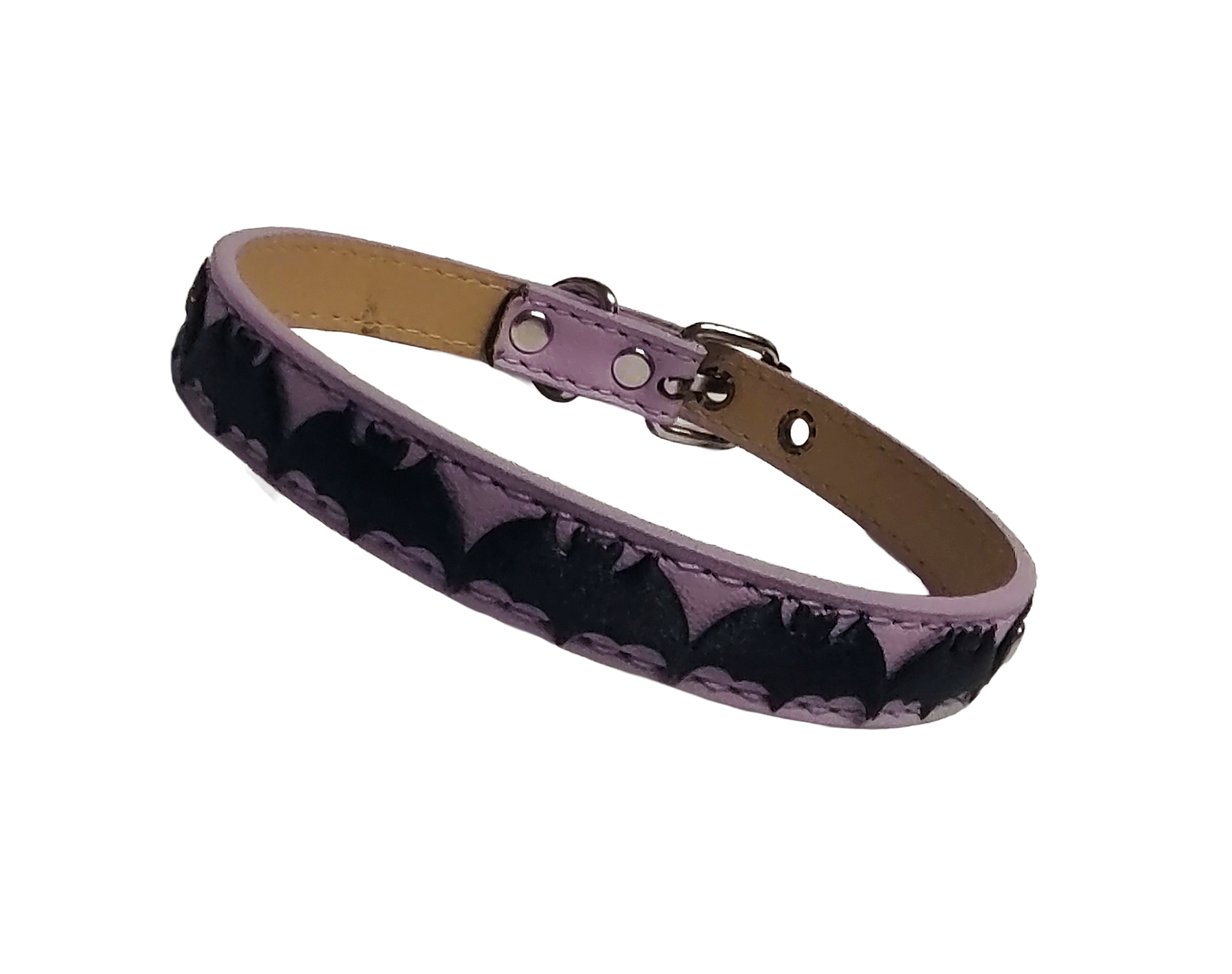 Light purple faux leather choker collar with center bat ribbon front view