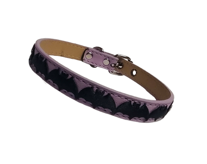 Light purple faux leather choker collar with center bat ribbon front view