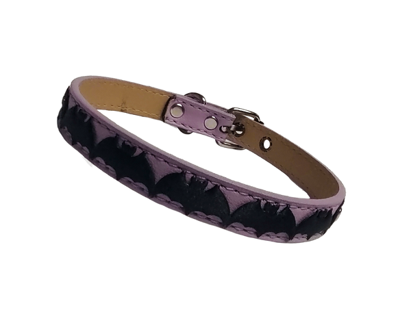 Light purple faux leather choker collar with center bat ribbon front view