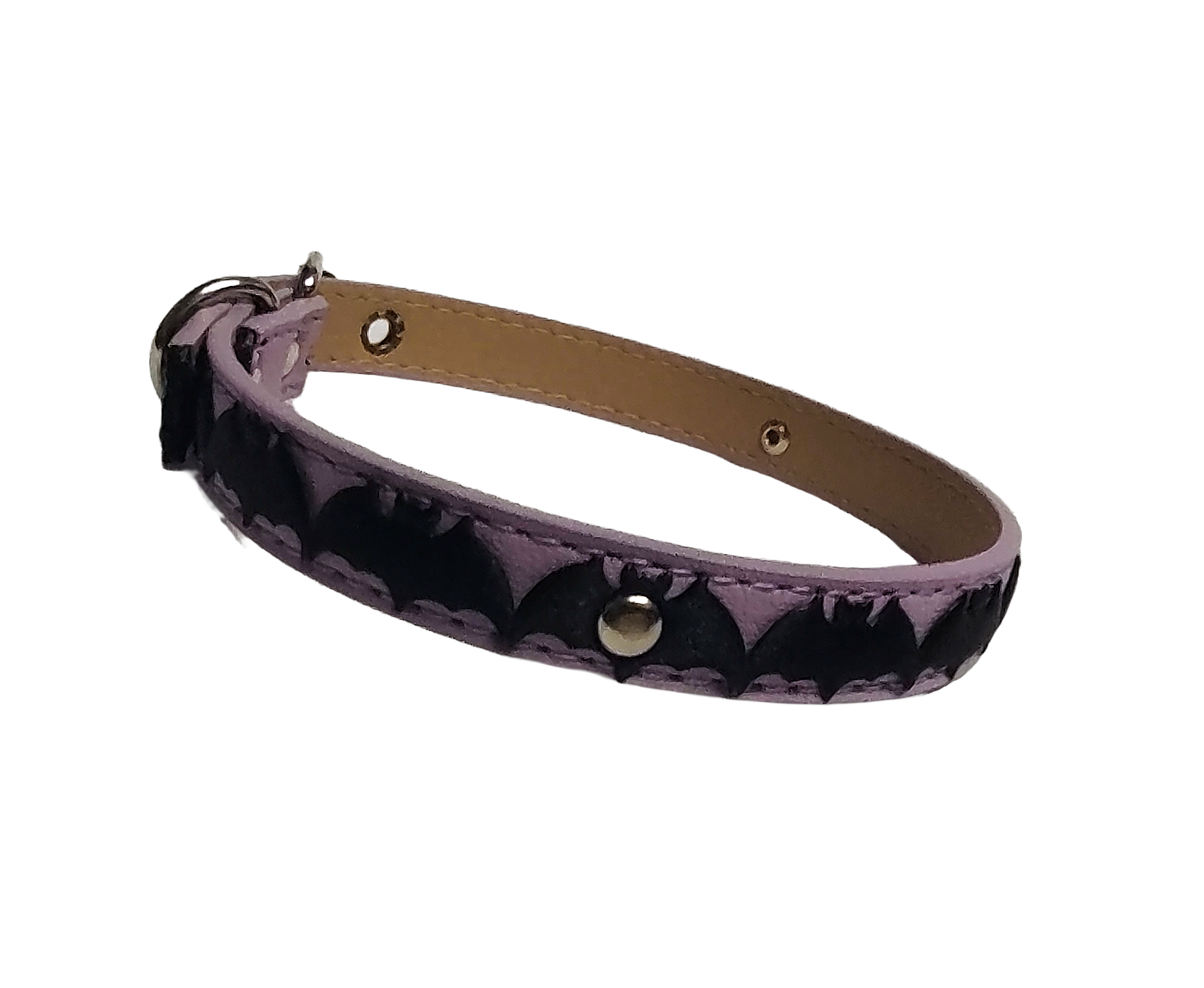 Light purple faux leather choker collar with center bat ribbon left view