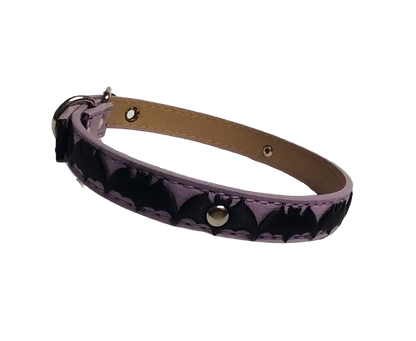 Light purple faux leather choker collar with center bat ribbon left view
