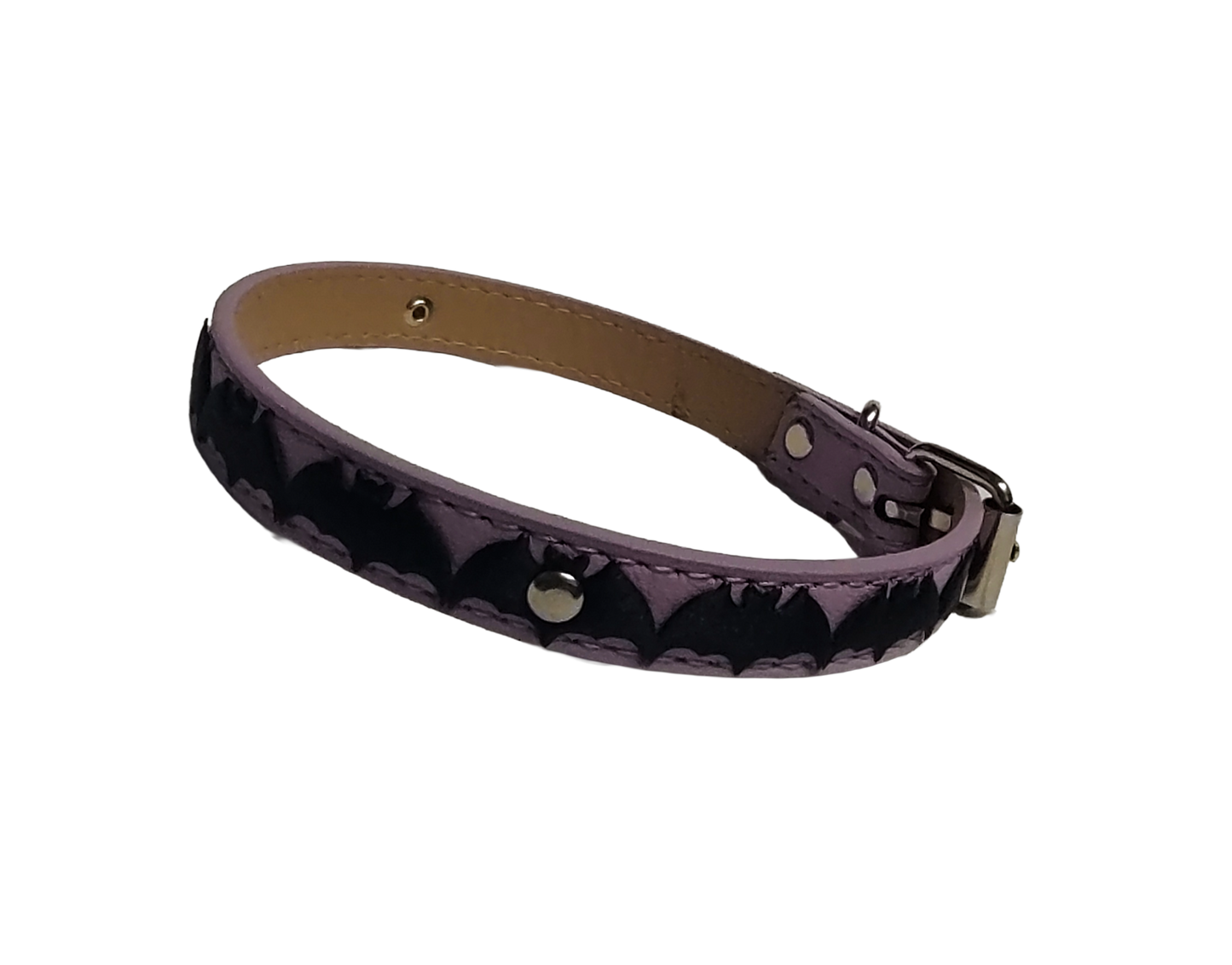 Light purple faux leather choker collar with center bat ribbon right view