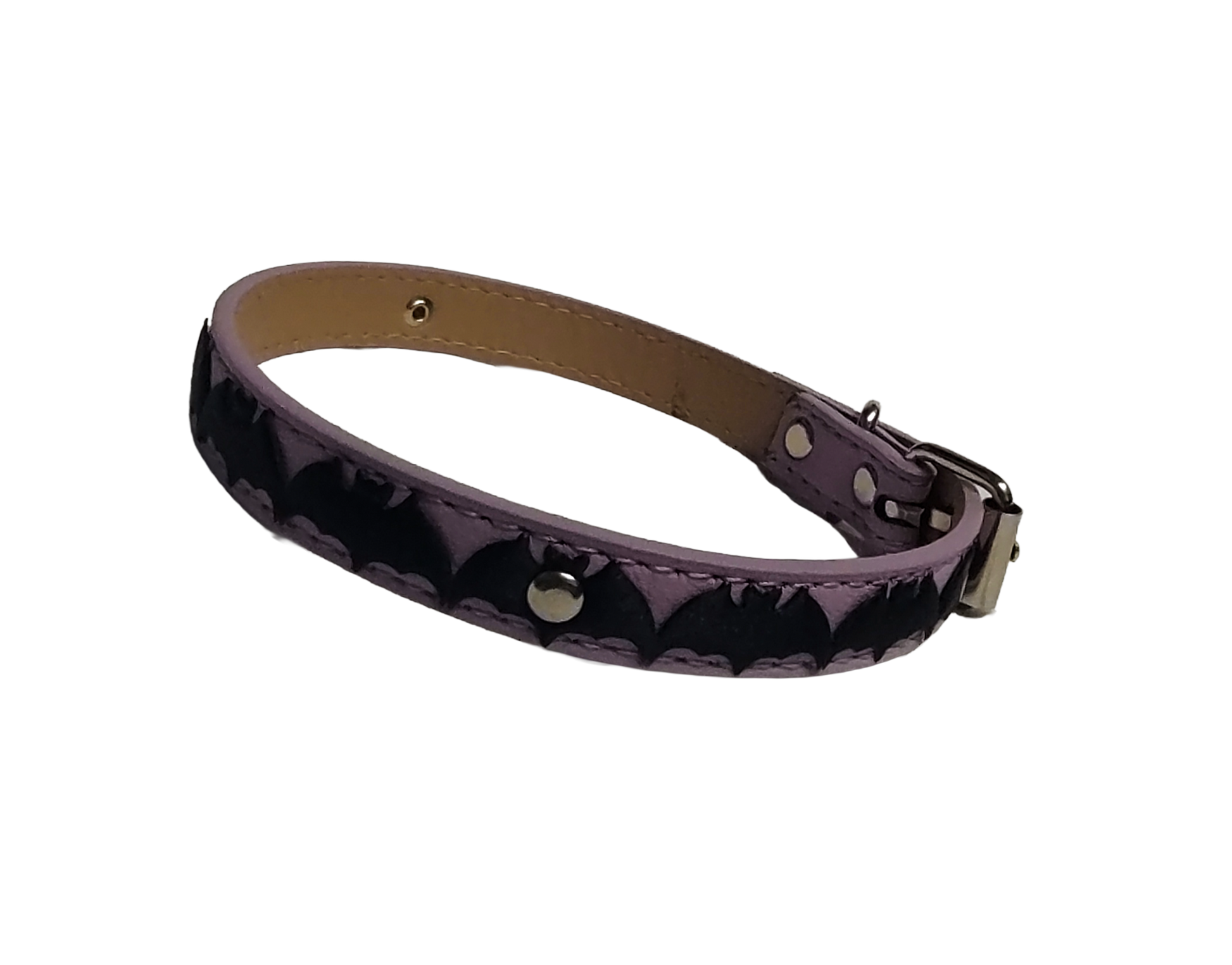Light purple faux leather choker collar with center bat ribbon right view