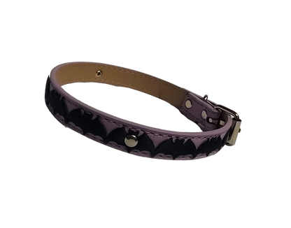Light purple faux leather choker collar with center bat ribbon right view