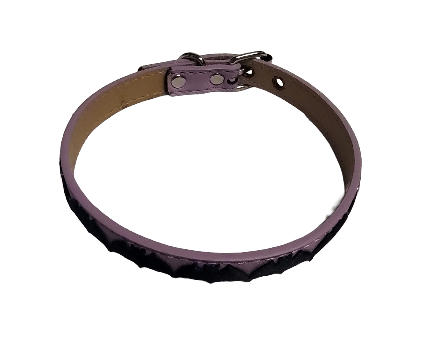 Light purple faux leather choker collar with center bat ribbon top view