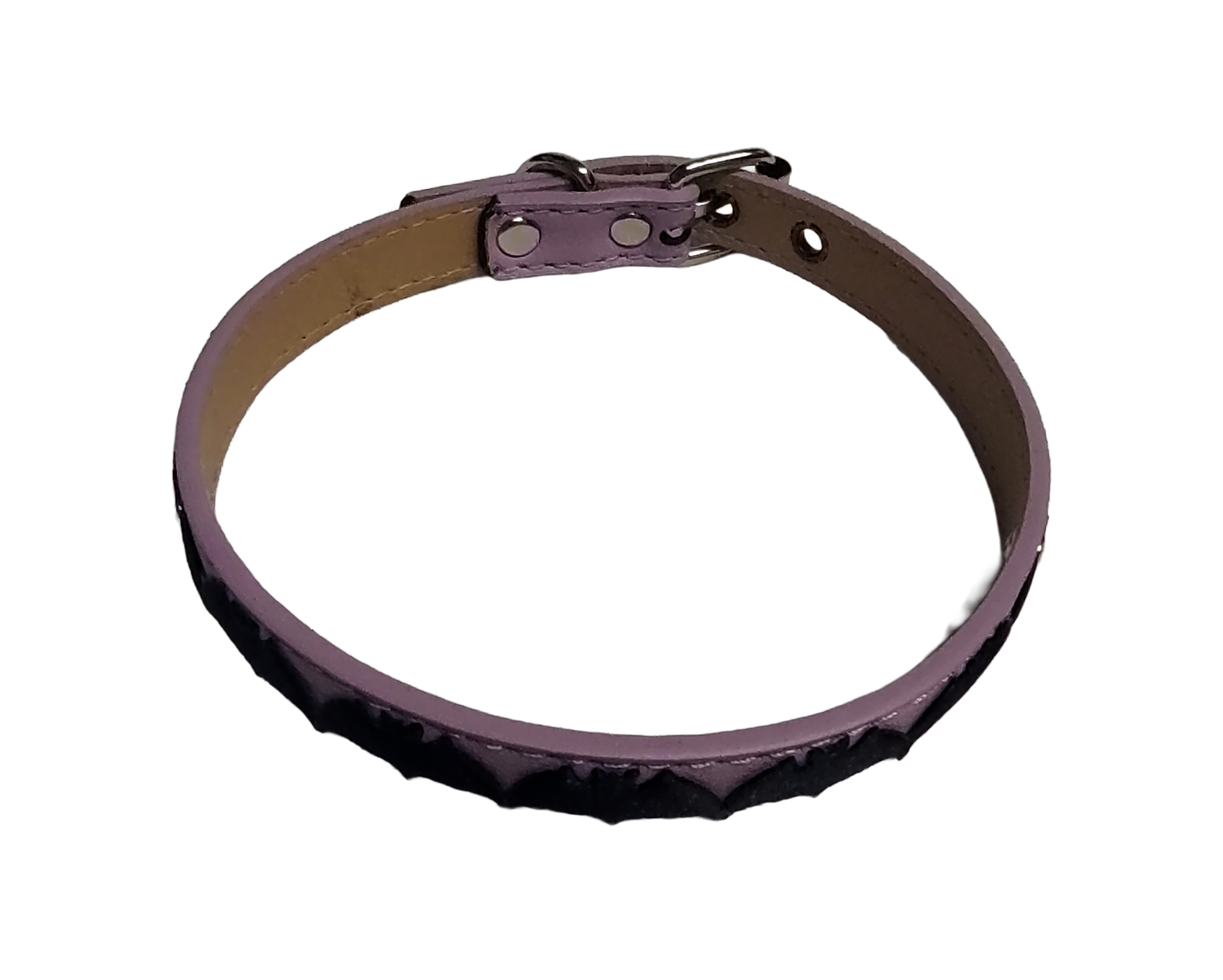 Light purple faux leather choker collar with center bat ribbon top view