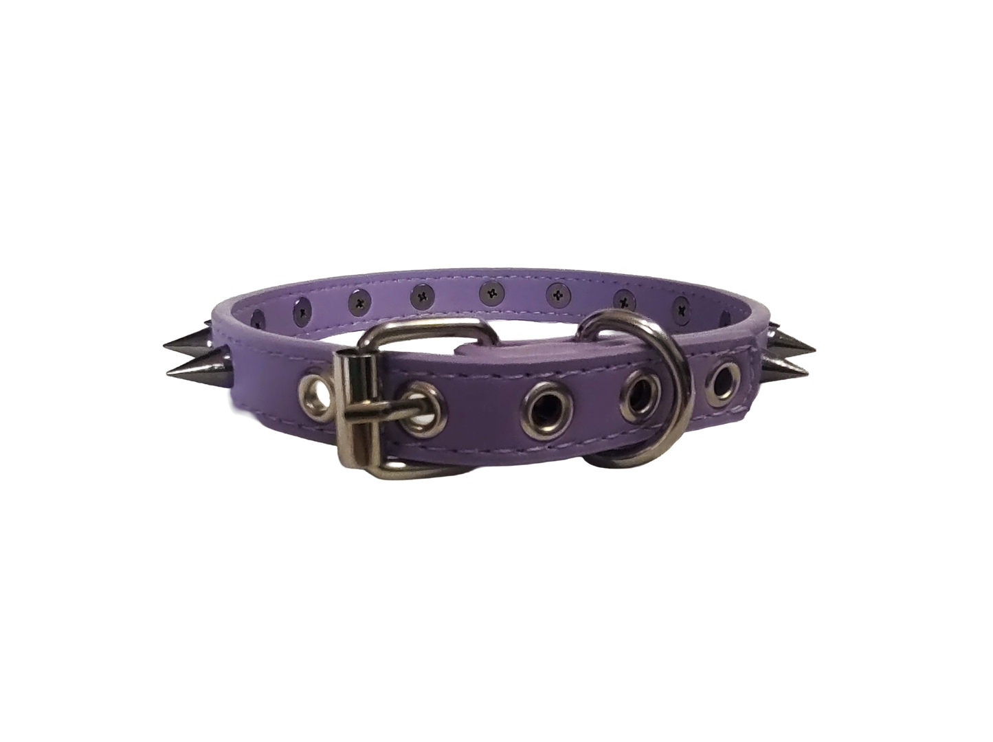Pastel purple faux leather spiked collar with gunmetal spikes back view