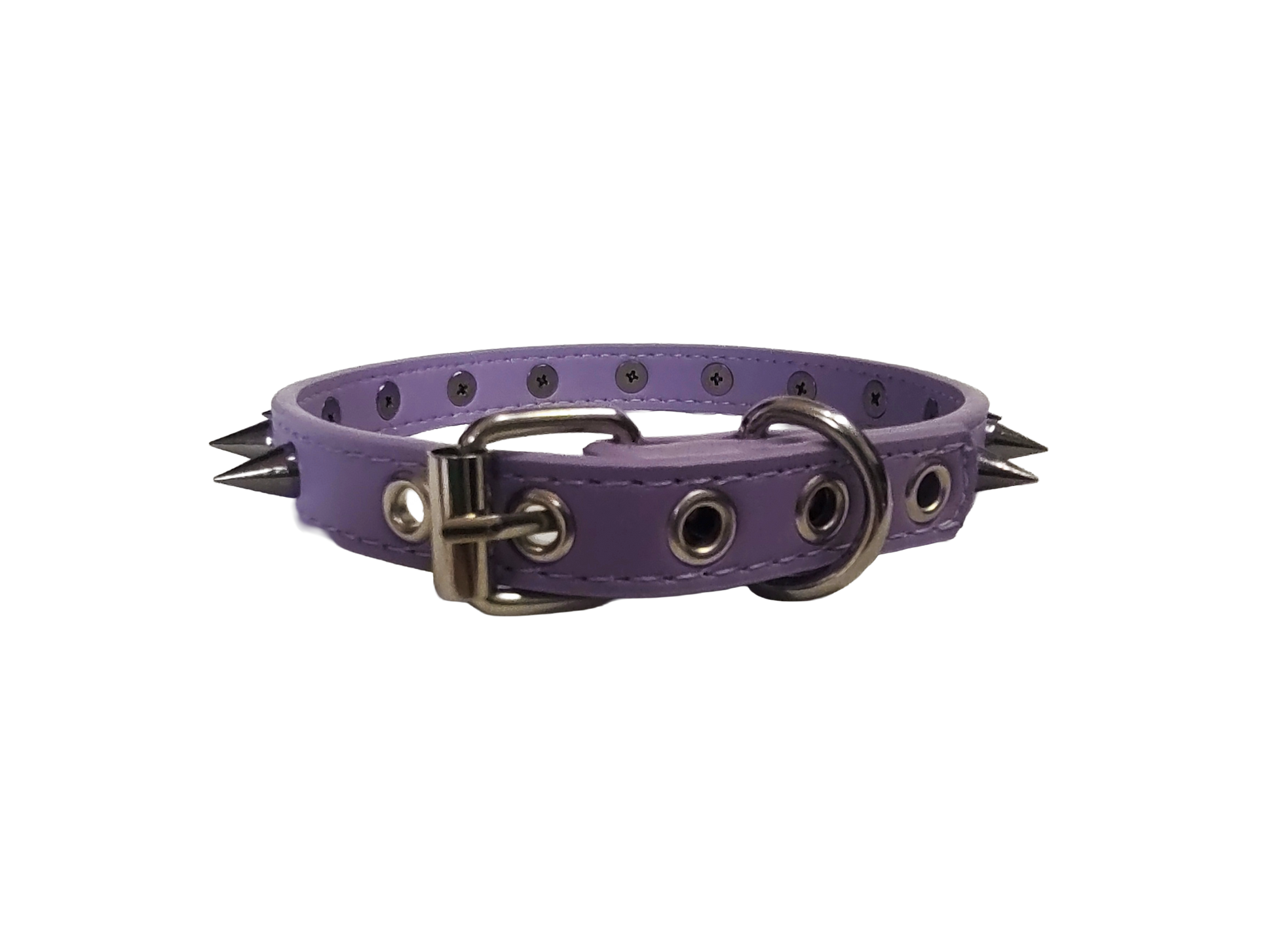 Pastel purple faux leather spiked collar with gunmetal spikes back view