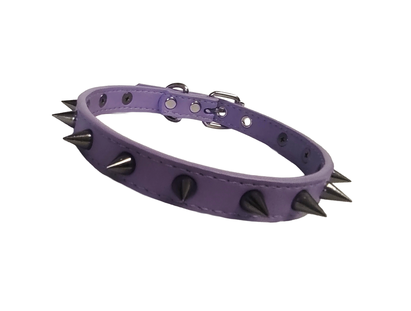 Pastel purple faux leather spiked collar with gunmetal spikes front view