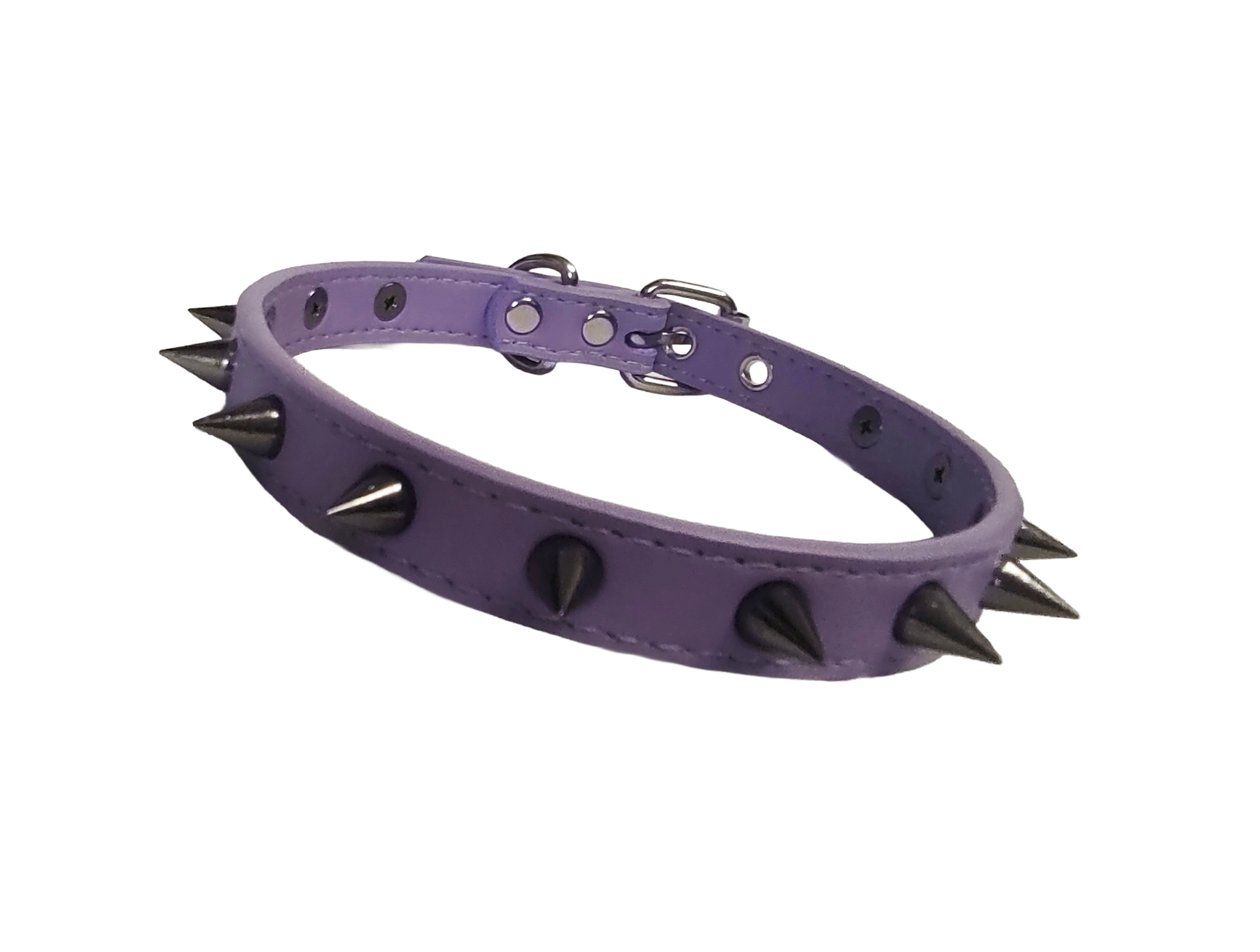 Pastel purple faux leather spiked collar with gunmetal spikes front view