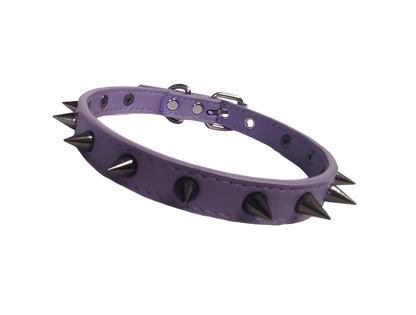 Pastel purple faux leather spiked collar with gunmetal spikes front view