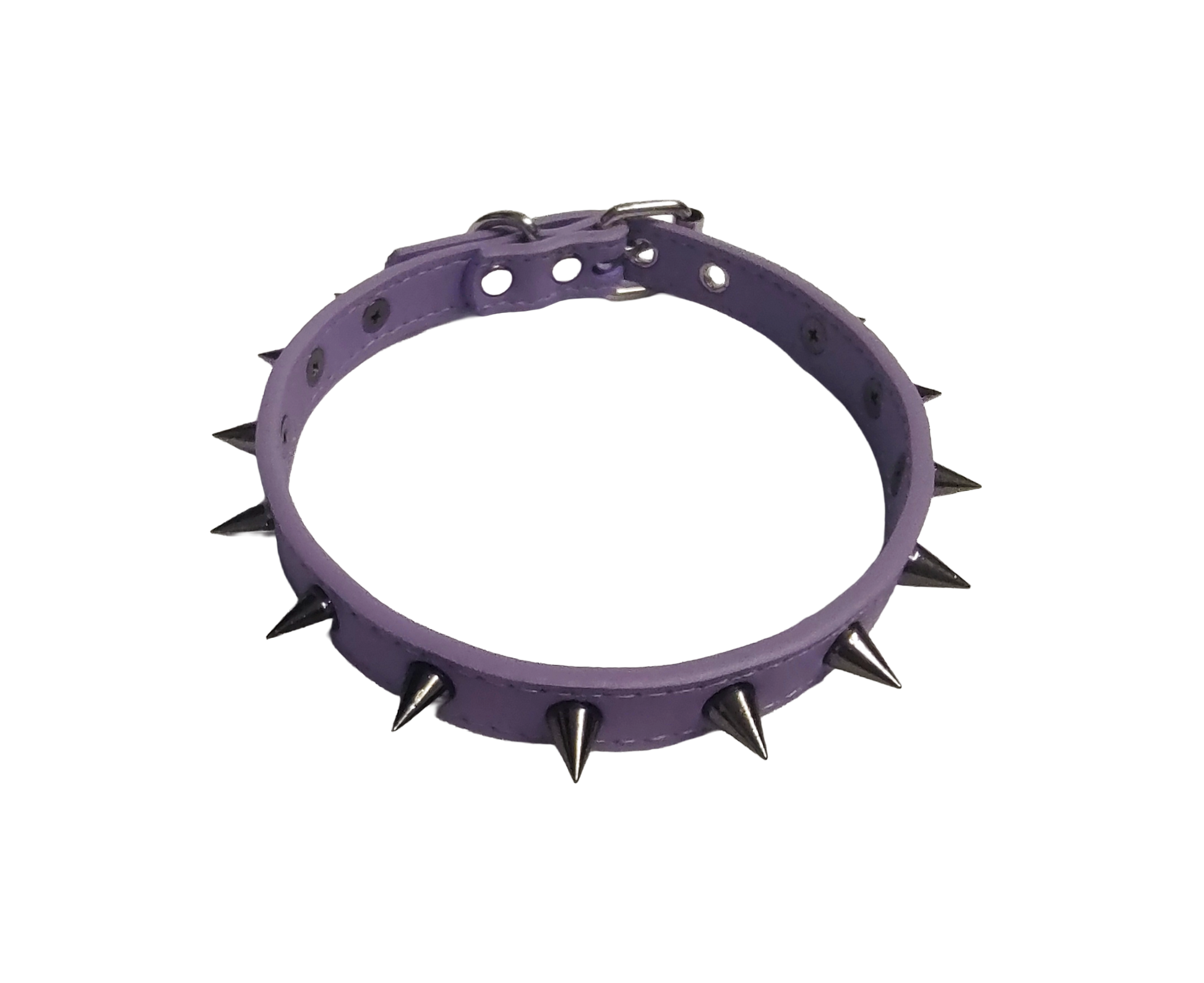 Pastel purple faux leather spiked collar with gunmetal spikes top view