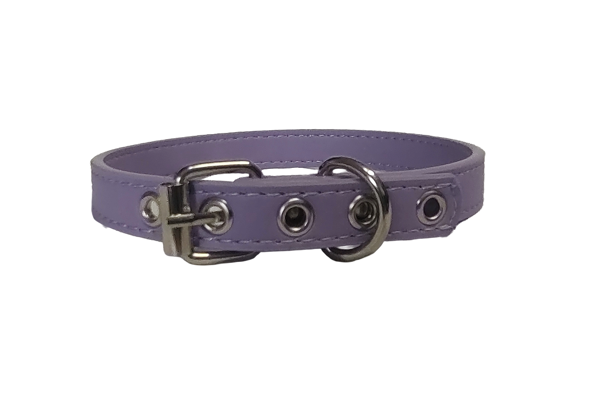 Pastel purple faux leather choker collar with buckle and eyelets back view
