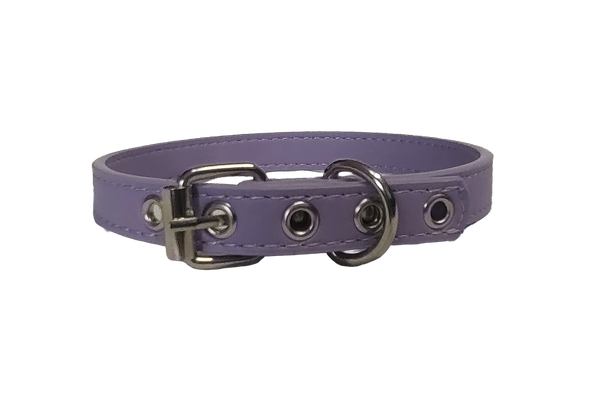 Pastel purple faux leather choker collar with buckle and eyelets back view