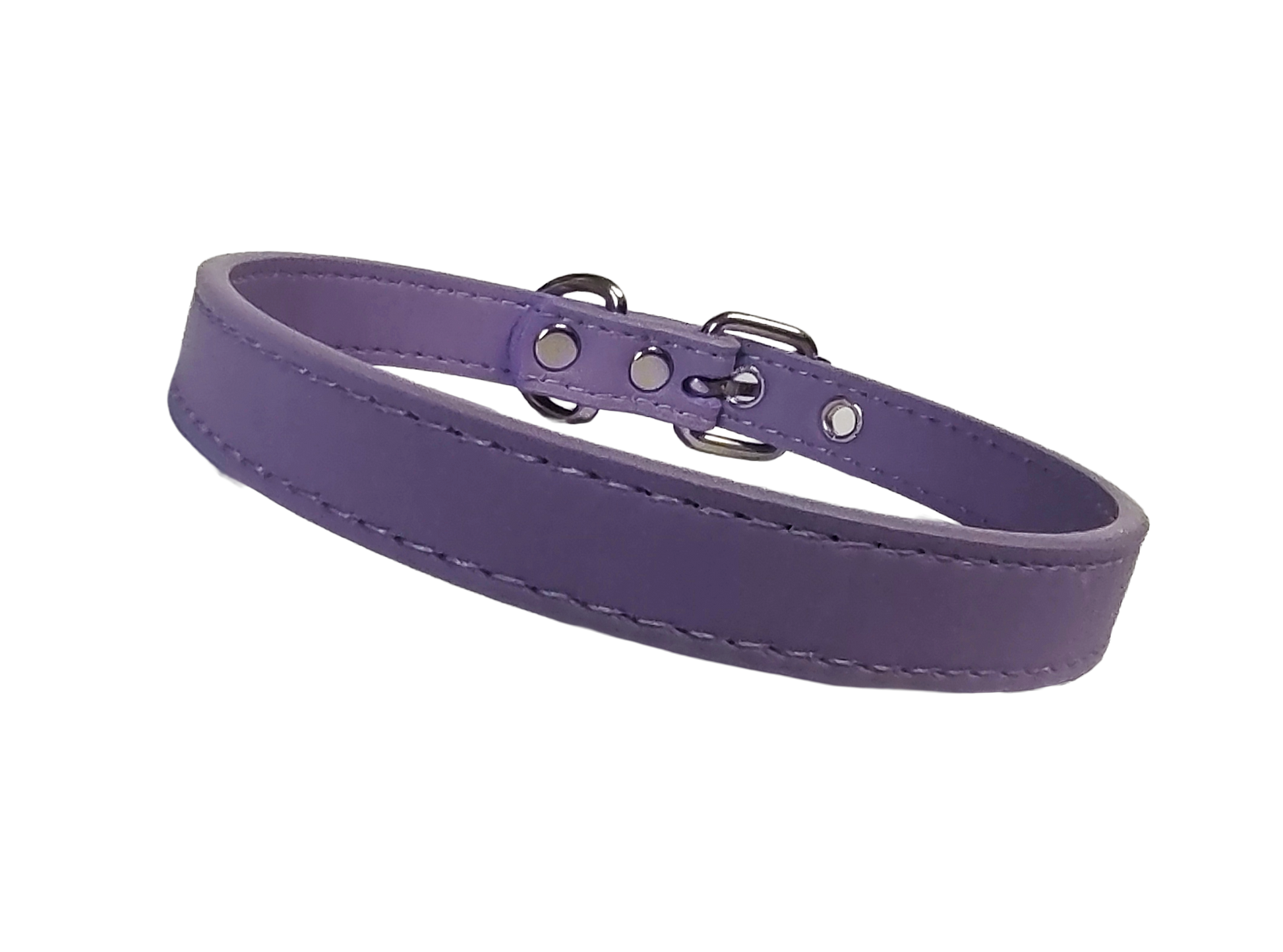 Pastel purple faux leather choker collar with buckle and eyelets front view