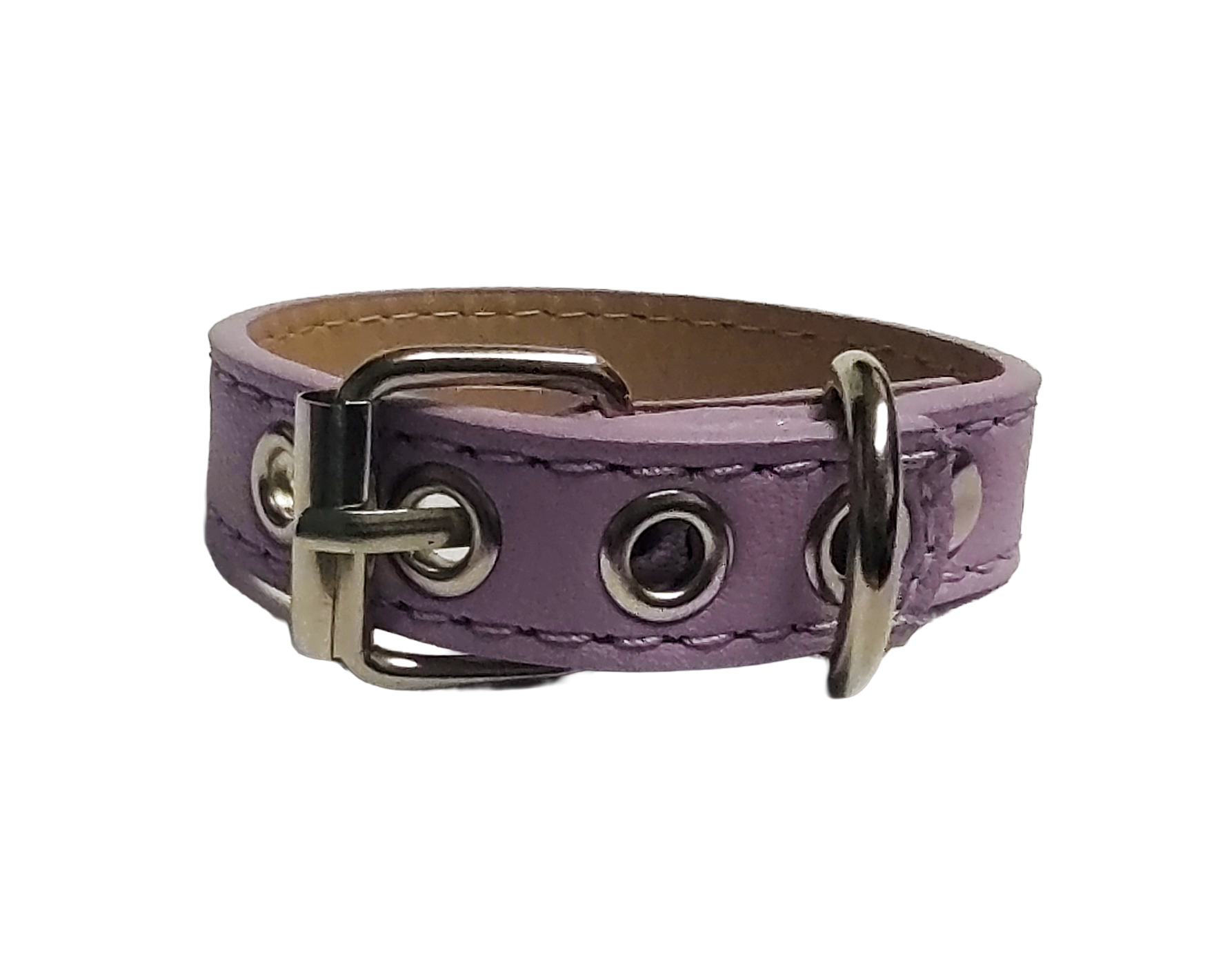 Pastel purple faux leather cuff with buckle and eyelets back view