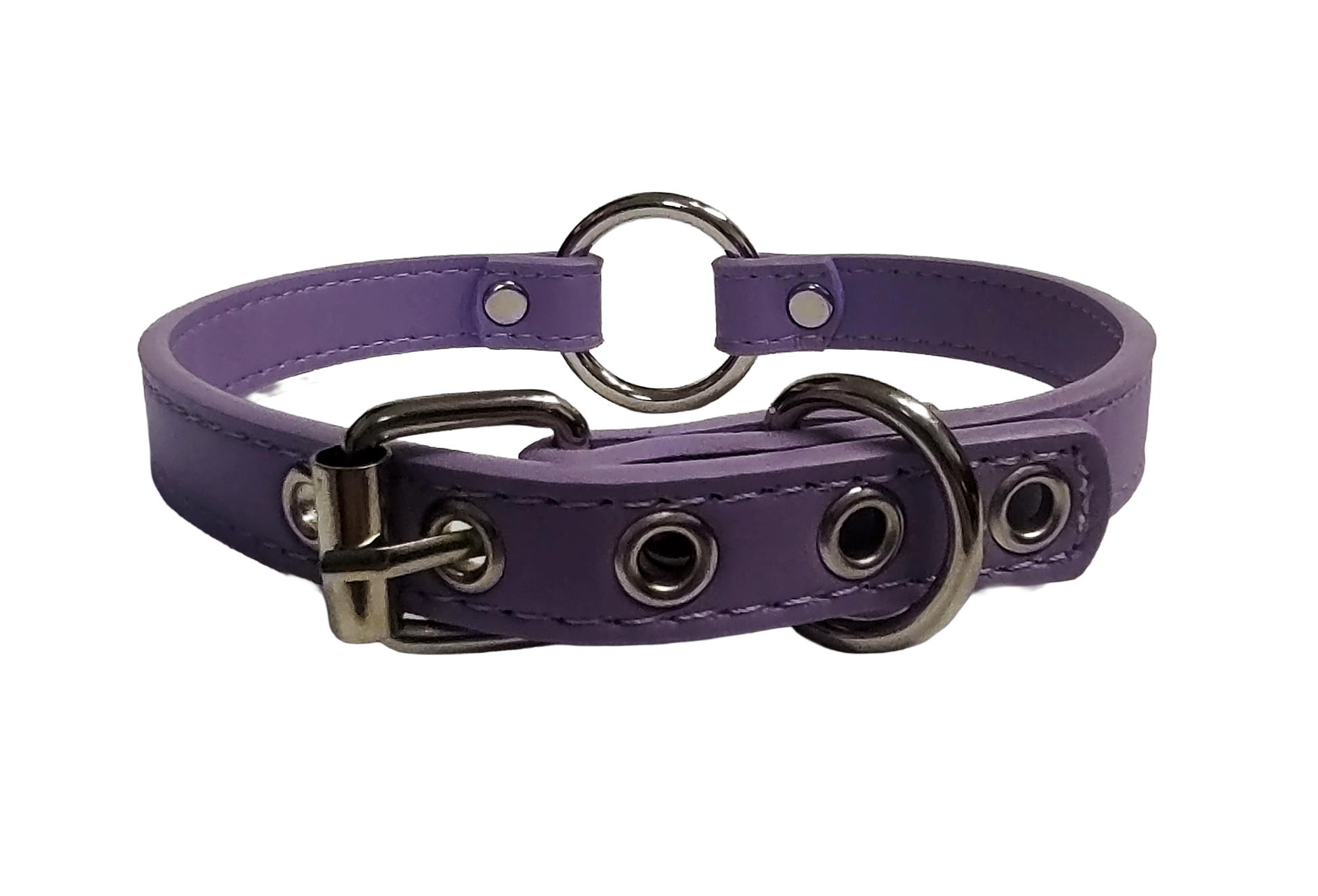 Pastel purple faux leather O-ring collar back view