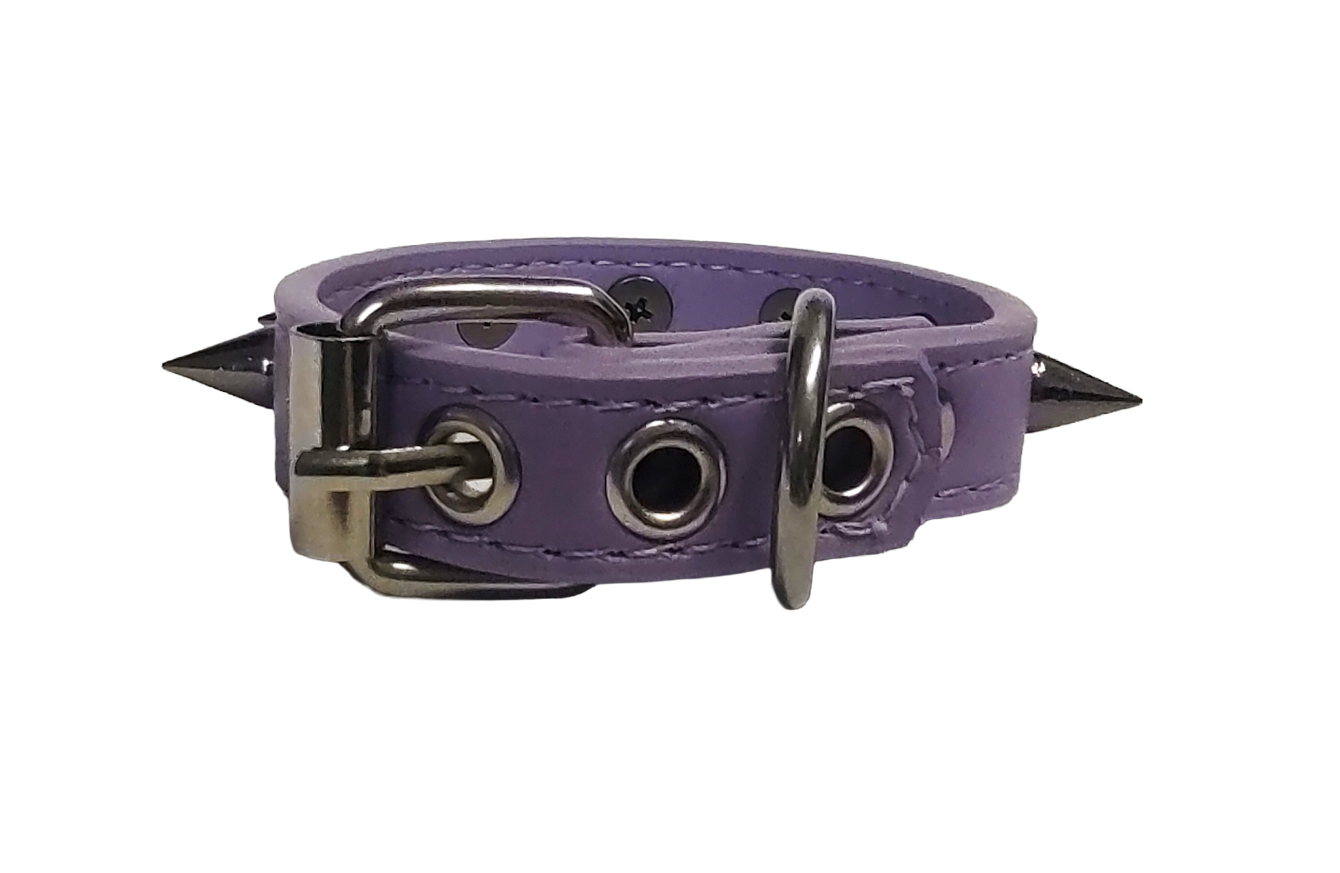 Pastel purple faux leather cuff bracelet with gunmetal spikes back view