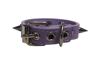 Pastel purple faux leather cuff bracelet with gunmetal spikes back view