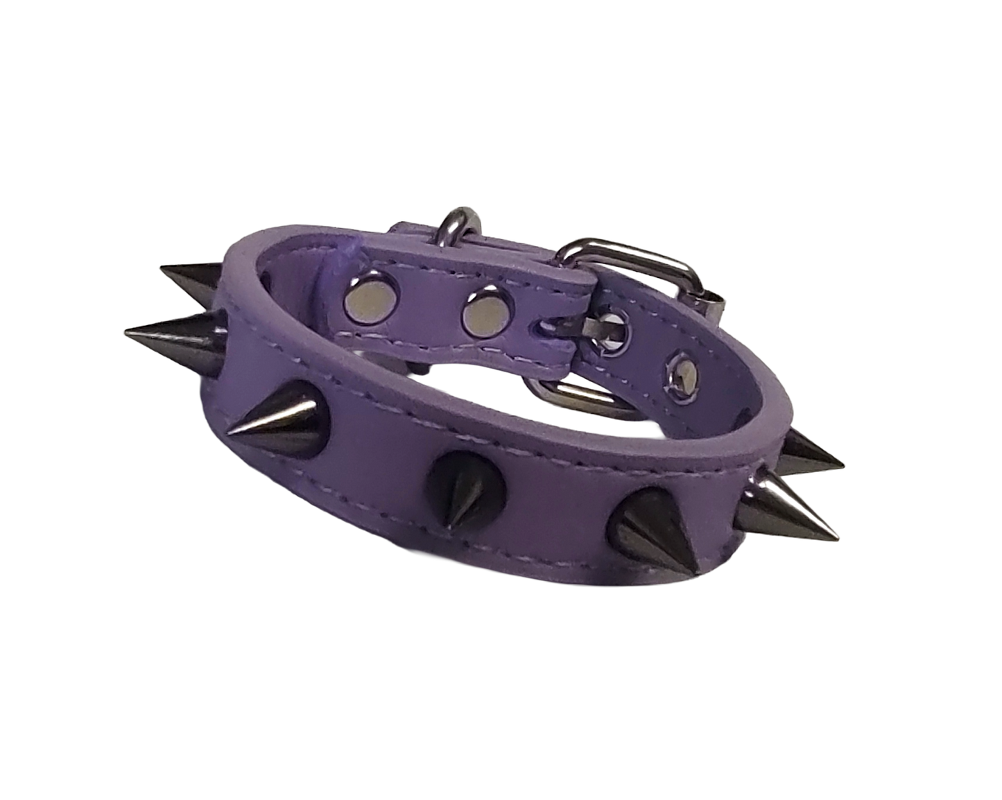 Pastel purple faux leather cuff bracelet with gunmetal spikes front view