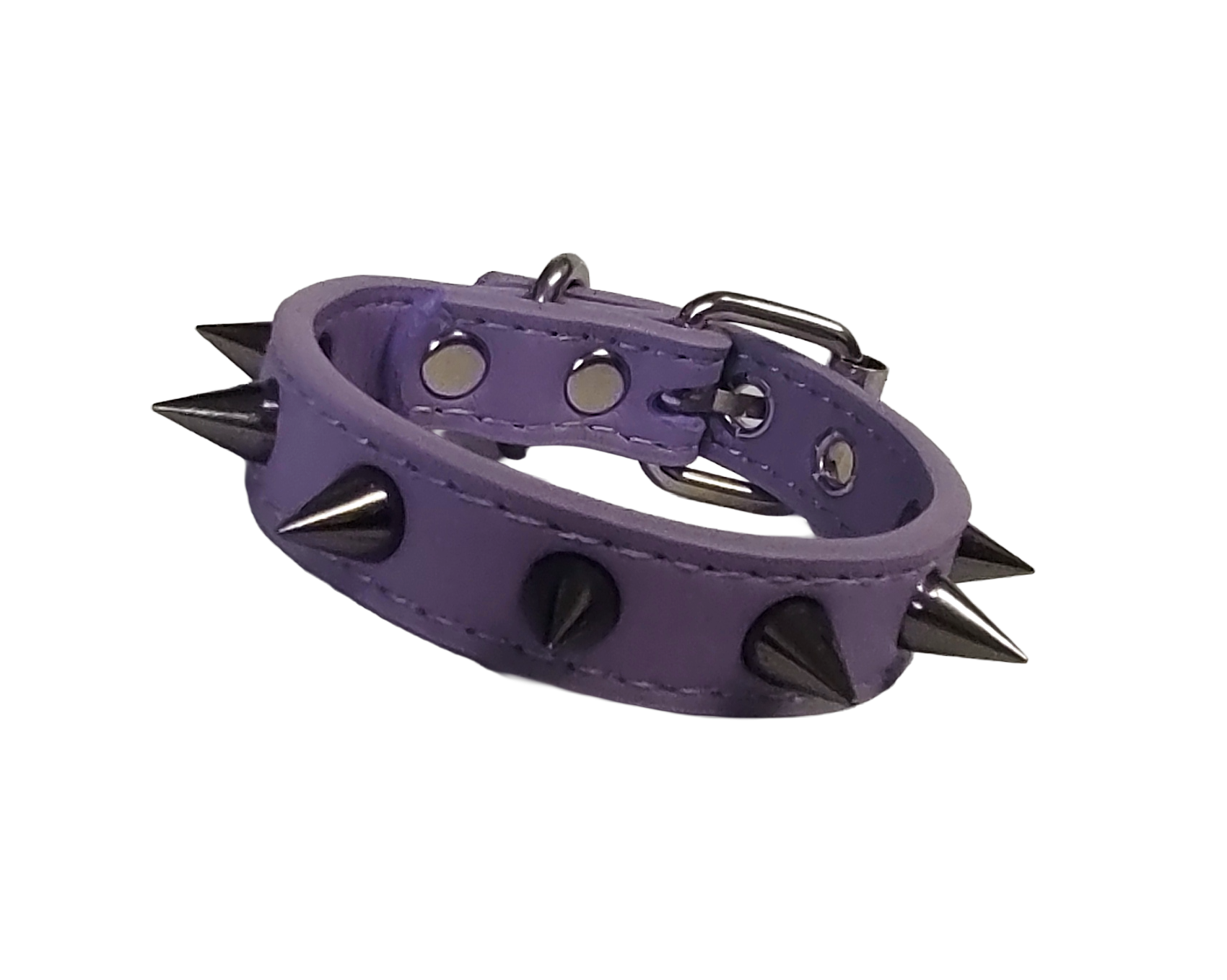 Pastel purple faux leather cuff bracelet with gunmetal spikes front view