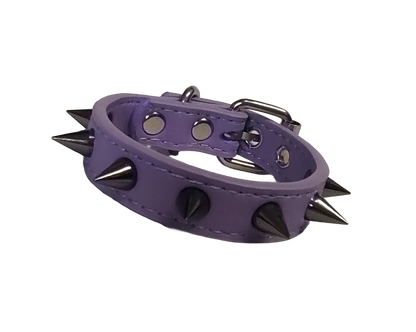 Pastel purple faux leather cuff bracelet with gunmetal spikes front view