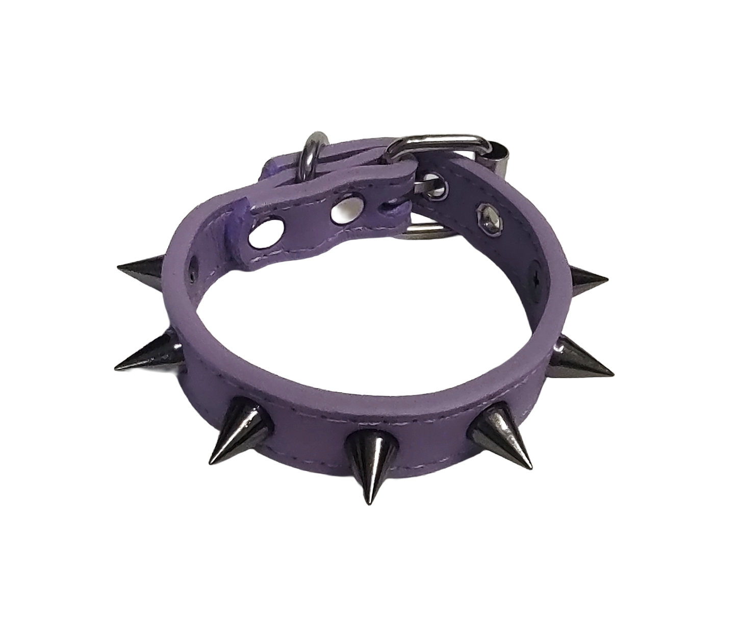 Pastel purple faux leather cuff bracelet with gunmetal spikes top view
