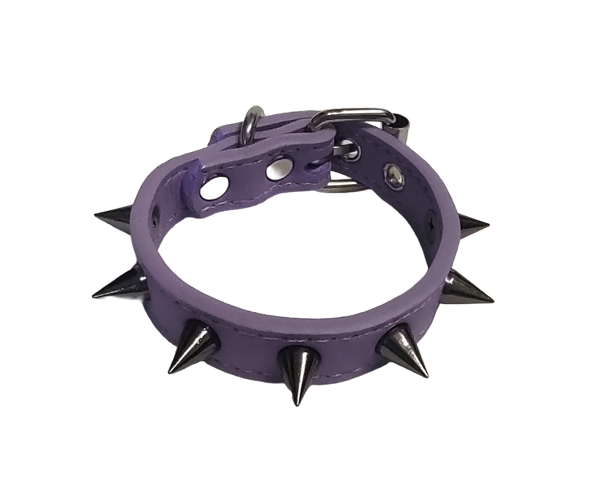 Pastel purple faux leather cuff bracelet with gunmetal spikes top view