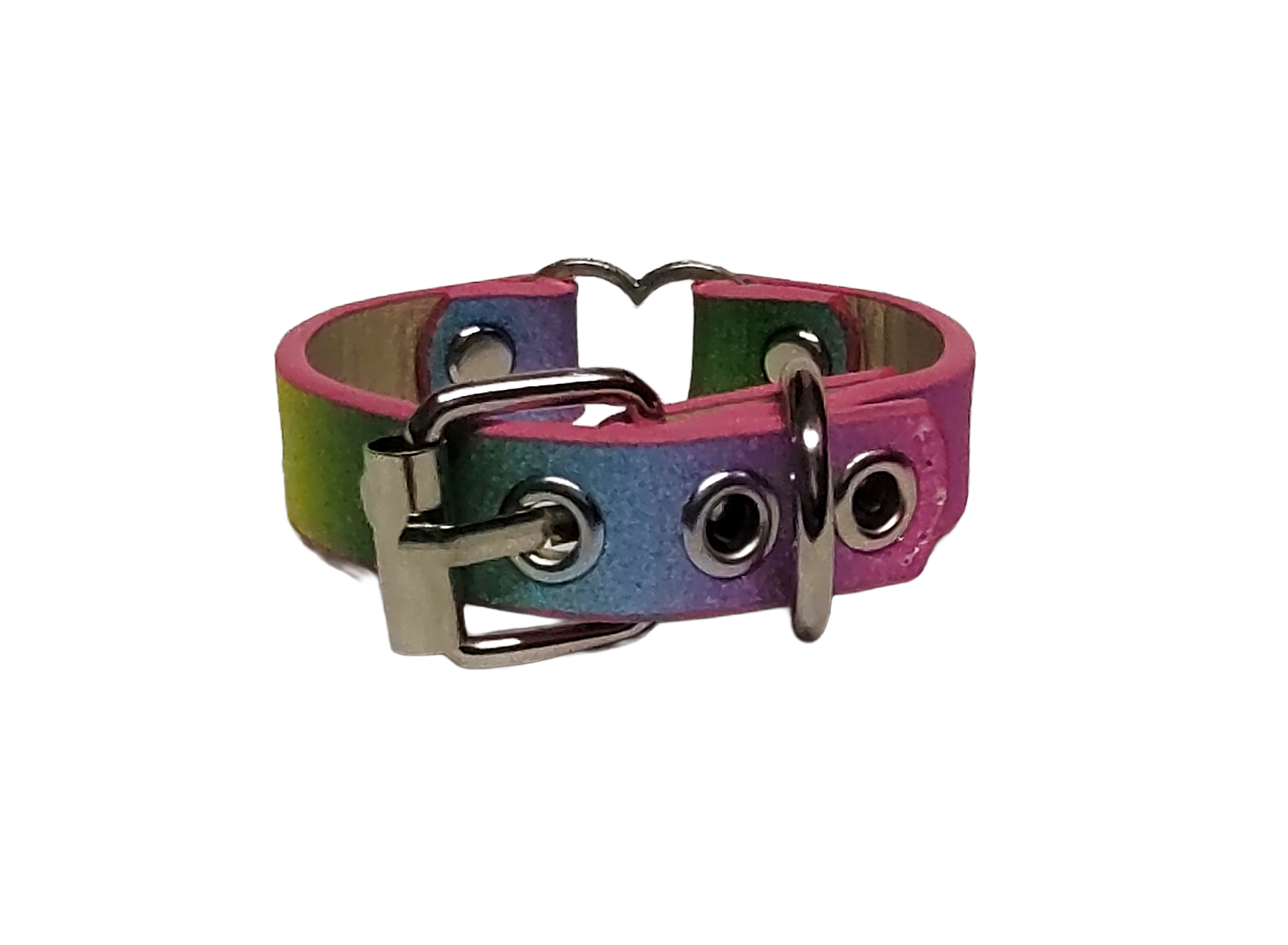 Glitter pastel rainbow faux leather heart ring cuff bracelet back view