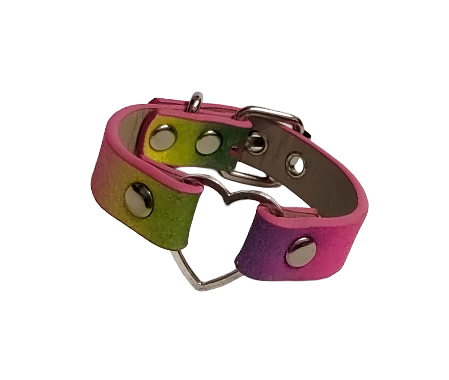 Glitter pastel rainbow faux leather heart ring cuff bracelet front view