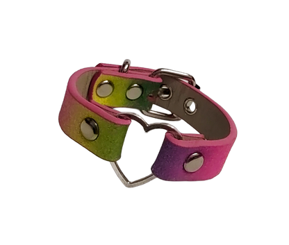 Glitter pastel rainbow faux leather heart ring cuff bracelet front view