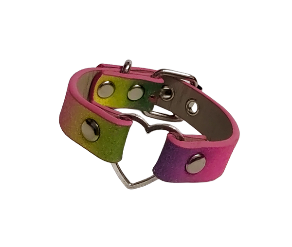 Glitter pastel rainbow faux leather heart ring cuff bracelet front view