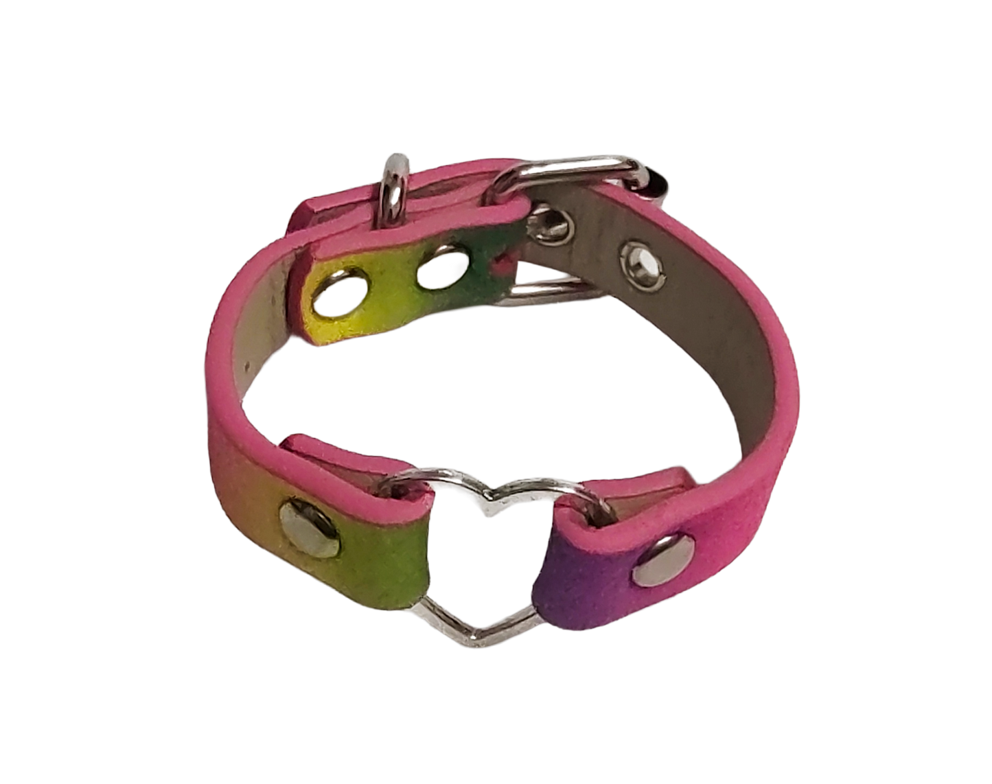Glitter pastel rainbow faux leather heart ring cuff bracelet top view