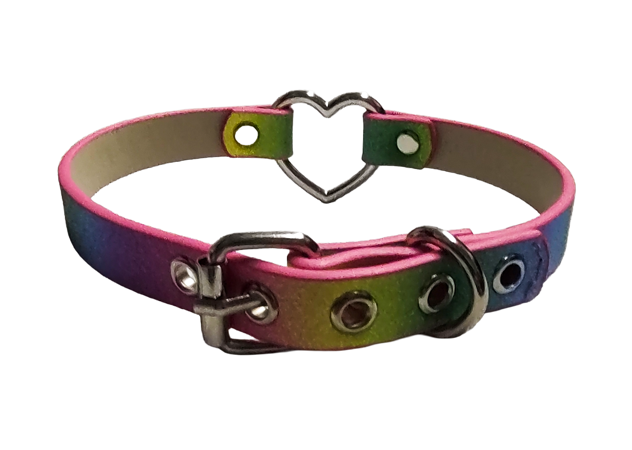 Glittery rainbow faux leather heart ring choker collar back view