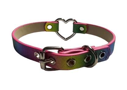 Glittery rainbow faux leather heart ring choker collar back view