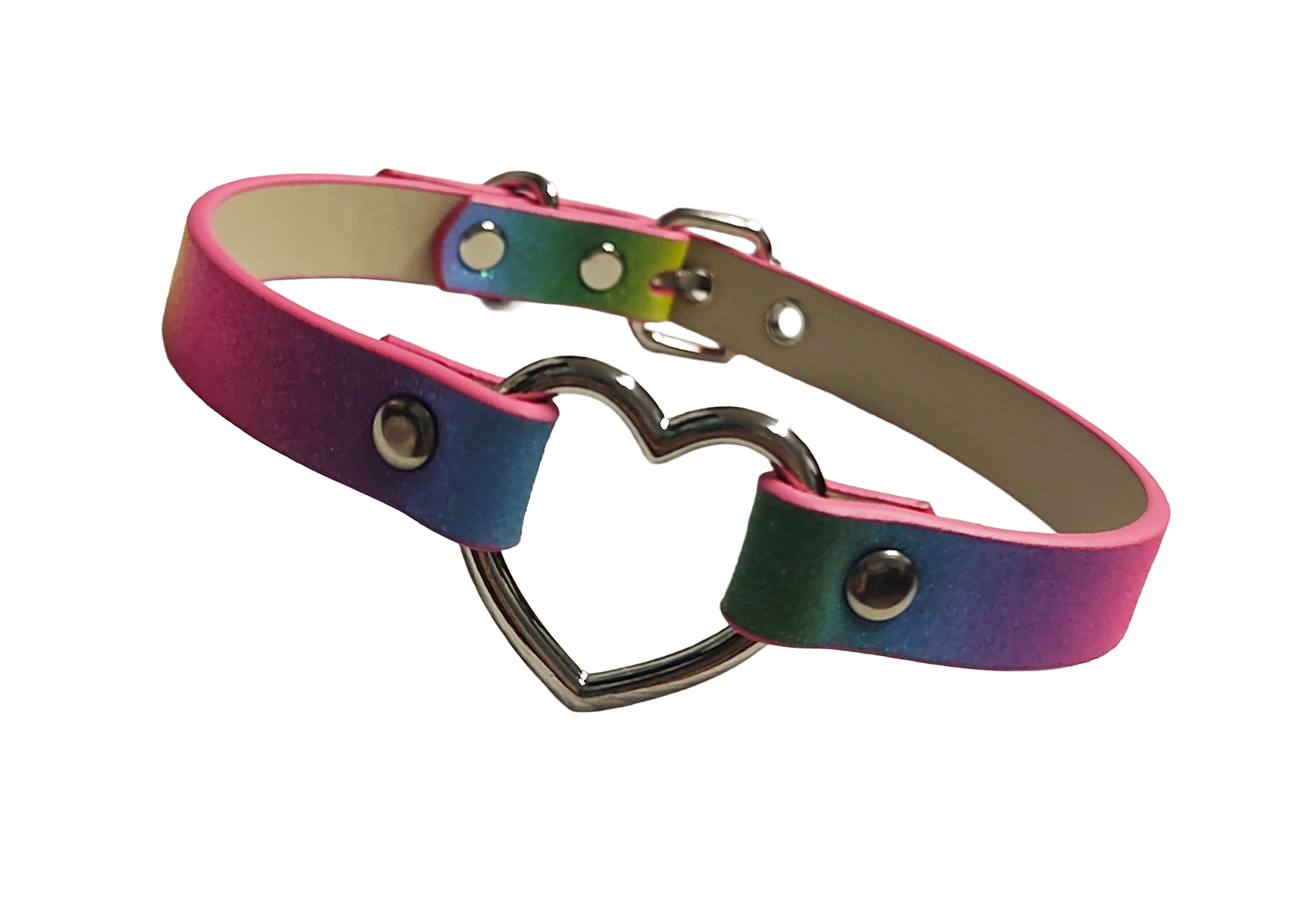 Glittery rainbow faux leather heart ring choker collar front view