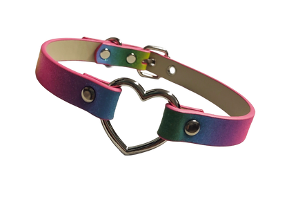 Glittery rainbow faux leather heart ring choker collar front view