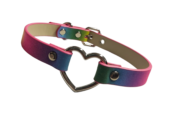 Glittery rainbow faux leather heart ring choker collar front view