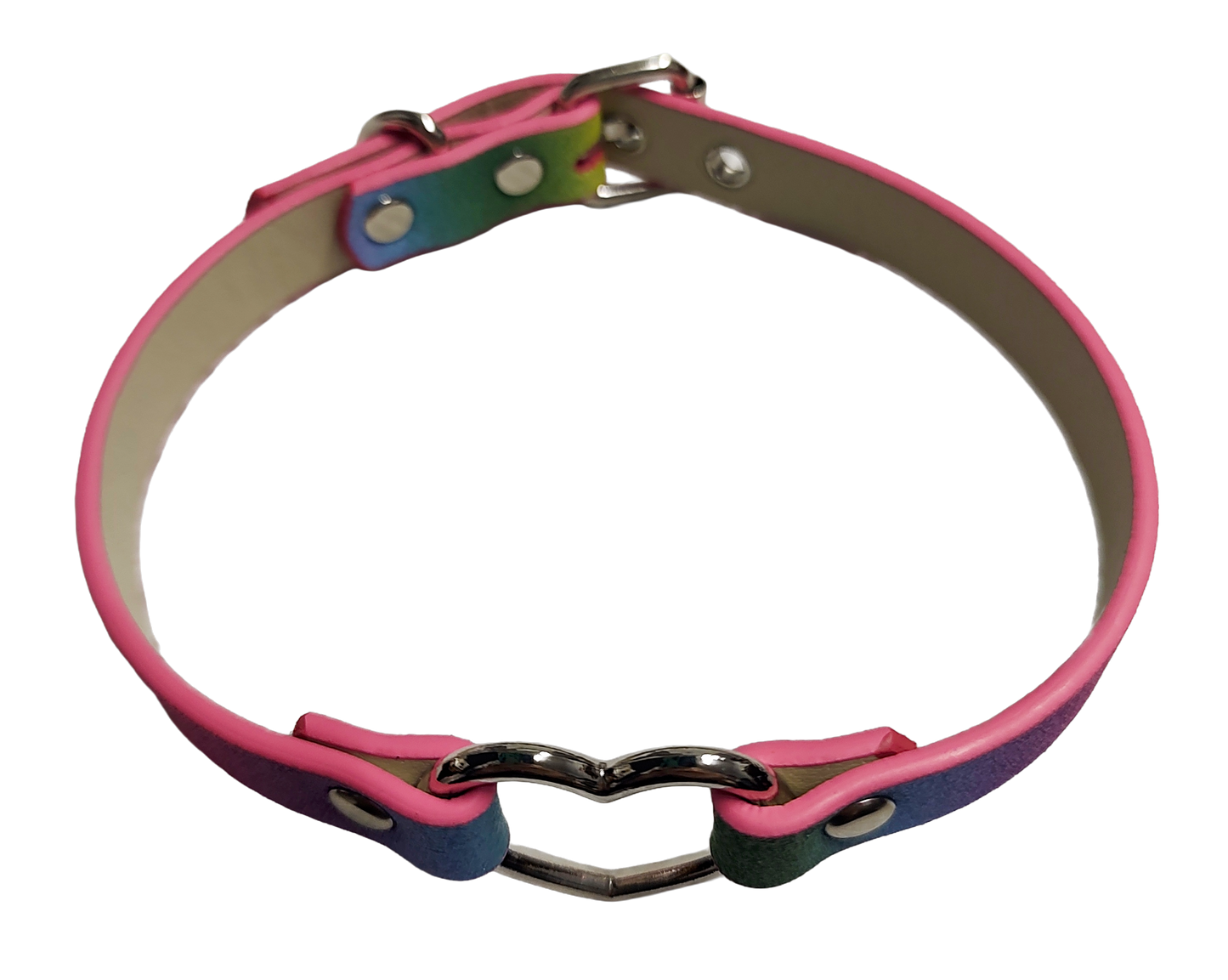 Glittery rainbow faux leather heart ring choker collar top view
